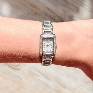 Bulova Silver Tone Rhinestone Rectangle Watch Dainty Y2K C837433 Cocktail